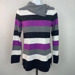 Talbots Sweater Petites P Striped Gray Purple Long Sleeve Foldover Neck Women's